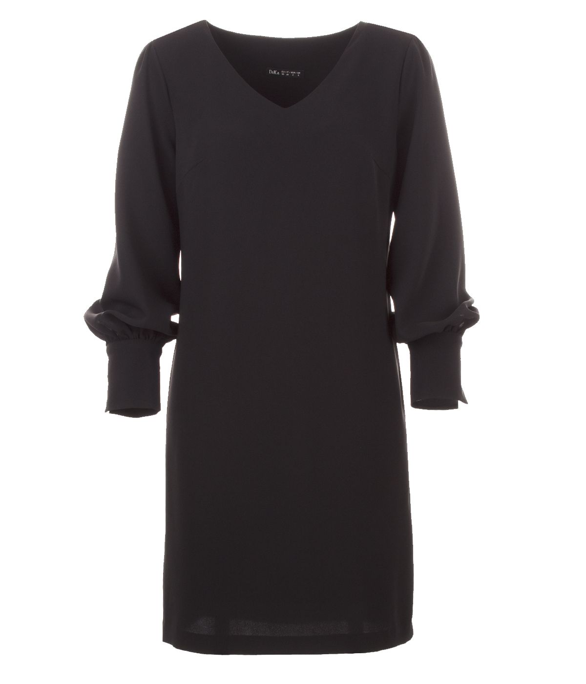 Straight V-neck dress with wide cuffs and button-jewels  0